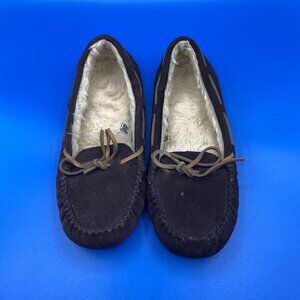 SOX-TAB BROWN SUEDE SLIPPERS MOCCASINS FAUX SHEARLING WITH LEATHER TIES SZ 10